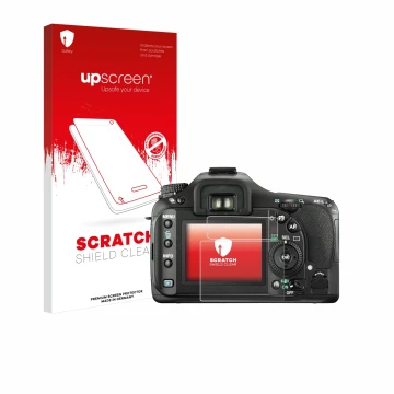 Face avant d’un emballage produit avec le logo de la marque upscreen. À côté, l’appareil Pentax K20D est représenté avec la pr