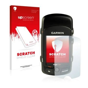 Face avant d’un emballage produit avec le logo de la marque upscreen. À côté, l’appareil Garmin Edge 705 est représenté avec l