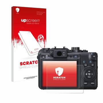 Face avant d’un emballage produit avec le logo de la marque upscreen. À côté, l’appareil Canon PowerShot G10 est représenté av