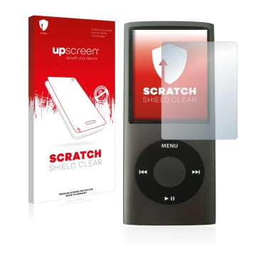 Face avant d’un emballage produit avec le logo de la marque upscreen. À côté, l’appareil Apple iPod nano (4ème Gen.) est repré