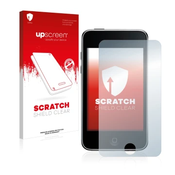 Face avant d’un emballage produit avec le logo de la marque upscreen. À côté, l’appareil Apple iPod Touch (2e Gen.) est représ