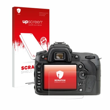 Face avant d’un emballage produit avec le logo de la marque upscreen. À côté, l’appareil Nikon D90 est représenté avec la prot