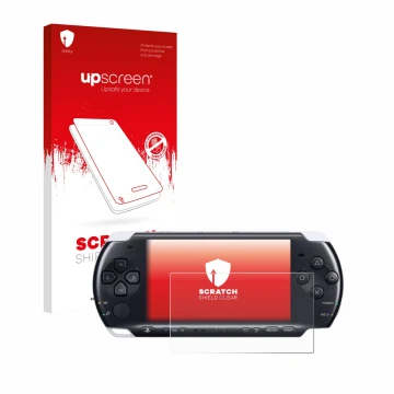 Face avant d’un emballage produit avec le logo de la marque upscreen. À côté, l’appareil Sony PSP 3000 est représenté avec la 