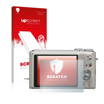 Face avant d’un emballage produit avec le logo de la marque upscreen. À côté, l’appareil Panasonic Lumix DMC-TZ7 est représent
