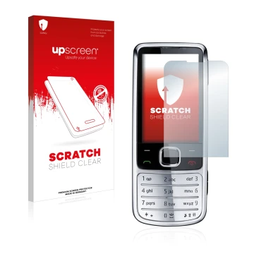 Face avant d’un emballage produit avec le logo de la marque upscreen. À côté, l’appareil Nokia 6700 classic est représenté ave