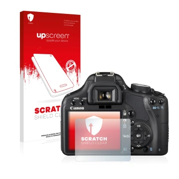 Face avant d’un emballage produit avec le logo de la marque upscreen. À côté, l’appareil Canon EOS 500D est représenté avec la