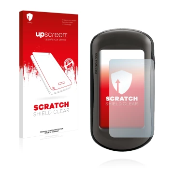 Face avant d’un emballage produit avec le logo de la marque upscreen. À côté, l’appareil Garmin Oregon 550 est représenté avec