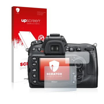 Face avant d’un emballage produit avec le logo de la marque upscreen. À côté, l’appareil Nikon D300S est représenté avec la pr