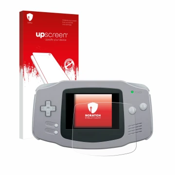 Face avant d’un emballage produit avec le logo de la marque upscreen. À côté, l’appareil Nintendo Gameboy Advance GBA est repr