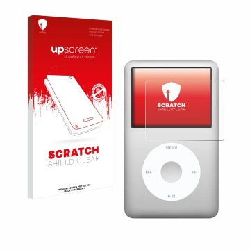 Face avant d’un emballage produit avec le logo de la marque upscreen. À côté, l’appareil Apple iPod classic 160 GB (7ème Gen.)