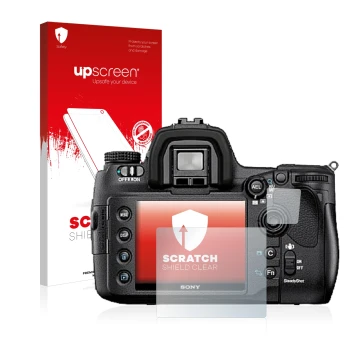 Face avant d’un emballage produit avec le logo de la marque upscreen. À côté, l’appareil Sony Alpha 850 (DSLR-A850) est représ