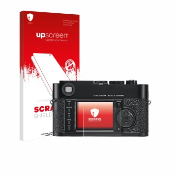 Face avant d’un emballage produit avec le logo de la marque upscreen. À côté, l’appareil Leica M9 est représenté avec la prote