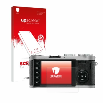 Face avant d’un emballage produit avec le logo de la marque upscreen. À côté, l’appareil Leica X1 est représenté avec la prote