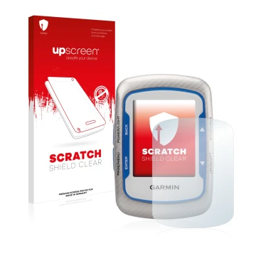 Face avant d’un emballage produit avec le logo de la marque upscreen. À côté, l’appareil Garmin Edge 500 est représenté avec l