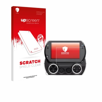 Face avant d’un emballage produit avec le logo de la marque upscreen. À côté, l’appareil Sony PSP Go est représenté avec la pr