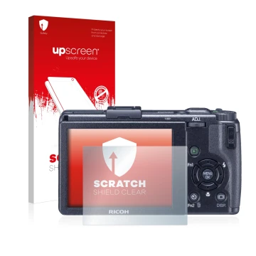 Face avant d’un emballage produit avec le logo de la marque upscreen. À côté, l’appareil Ricoh GR Digital III (2009-2011) est 