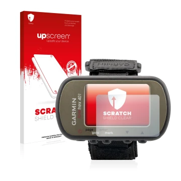 Face avant d’un emballage produit avec le logo de la marque upscreen. À côté, l’appareil Garmin Foretrex 401 est représenté av