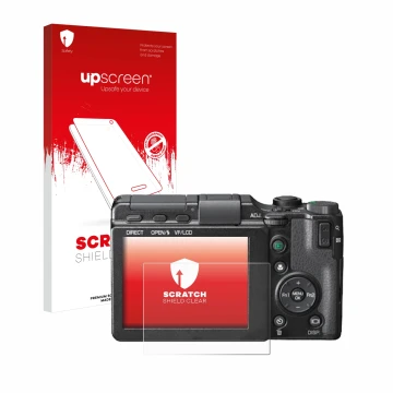 Face avant d’un emballage produit avec le logo de la marque upscreen. À côté, l’appareil Ricoh GXR est représenté avec la prot