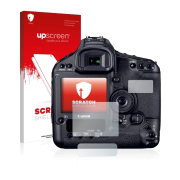 Face avant d’un emballage produit avec le logo de la marque upscreen. À côté, l’appareil Canon EOS 1D Mark IV est représenté a