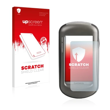 Face avant d’un emballage produit avec le logo de la marque upscreen. À côté, l’appareil Garmin Oregon 450 est représenté avec