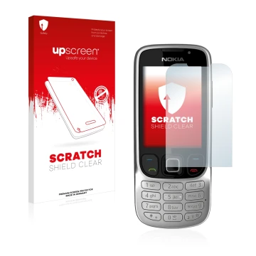 Face avant d’un emballage produit avec le logo de la marque upscreen. À côté, l’appareil Nokia 6303i classic est représenté av