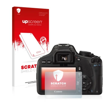 Face avant d’un emballage produit avec le logo de la marque upscreen. À côté, l’appareil Canon EOS 550D est représenté avec la