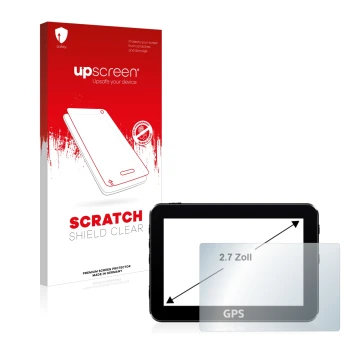 Face avant d’un emballage produit avec le logo de la marque upscreen. À côté, l’appareil est représenté avec la protection d’é