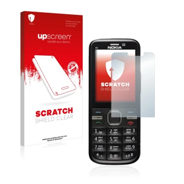 Face avant d’un emballage produit avec le logo de la marque upscreen. À côté, l’appareil Nokia C5-00 est représenté avec la pr