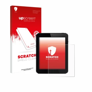 Face avant d’un emballage produit avec le logo de la marque upscreen. À côté, l’appareil est représenté avec la protection d’é