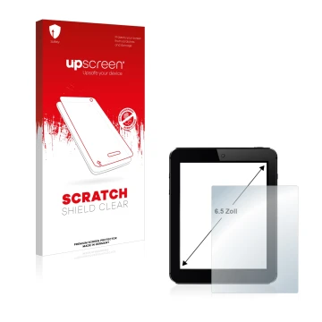 Face avant d’un emballage produit avec le logo de la marque upscreen. À côté, l’appareil est représenté avec la protection d’é