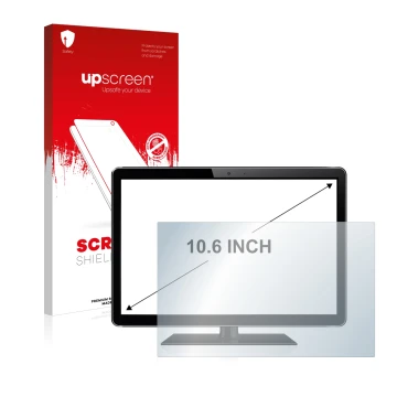 Face avant d’un emballage produit avec le logo de la marque upscreen. À côté, l’appareil est représenté avec la protection d’é