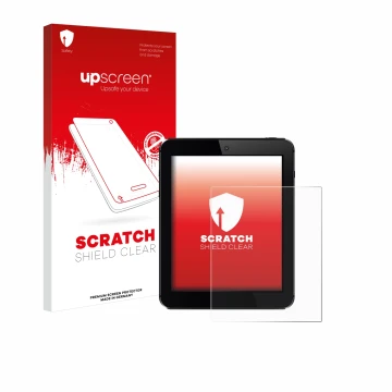 Face avant d’un emballage produit avec le logo de la marque upscreen. À côté, l’appareil est représenté avec la protection d’é