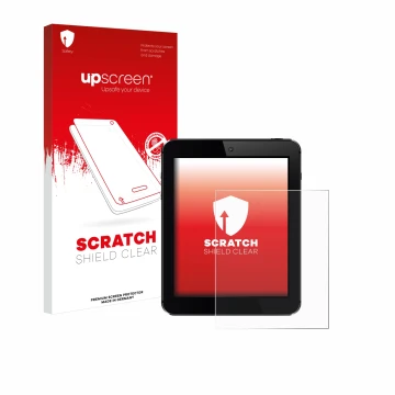Face avant d’un emballage produit avec le logo de la marque upscreen. À côté, l’appareil est représenté avec la protection d’é