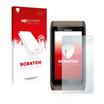 Face avant d’un emballage produit avec le logo de la marque upscreen. À côté, l’appareil Nokia n8 est représenté avec la prote