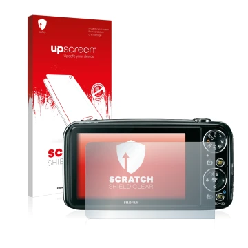 Face avant d’un emballage produit avec le logo de la marque upscreen. À côté, l’appareil Fujifilm FinePix Real 3D W3 est repré