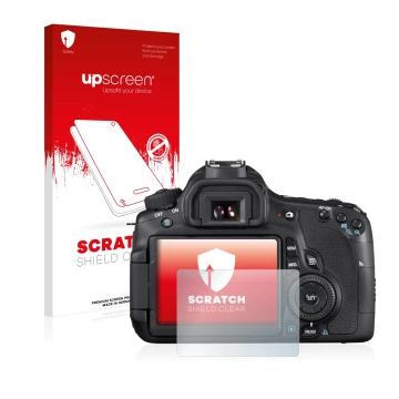 Face avant d’un emballage produit avec le logo de la marque upscreen. À côté, l’appareil Canon EOS 60D est représenté avec la 