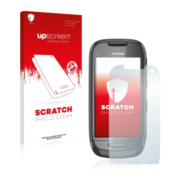 Face avant d’un emballage produit avec le logo de la marque upscreen. À côté, l’appareil Nokia C7-00 est représenté avec la pr