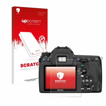 Face avant d’un emballage produit avec le logo de la marque upscreen. À côté, l’appareil Pentax K5, K-5 est représenté avec la