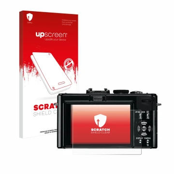 Face avant d’un emballage produit avec le logo de la marque upscreen. À côté, l’appareil Leica D-Lux 5 est représenté avec la 