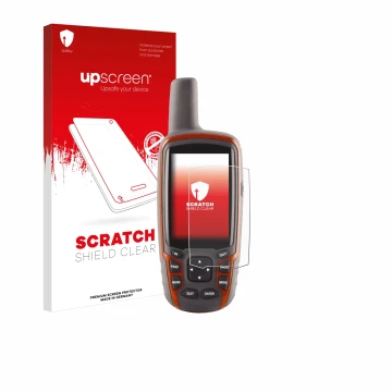 Face avant d’un emballage produit avec le logo de la marque upscreen. À côté, l’appareil Garmin GPSMAP 62s est représenté avec