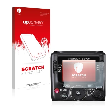 Face avant d’un emballage produit avec le logo de la marque upscreen. À côté, l’appareil Nikon SB-700 est représenté avec la p