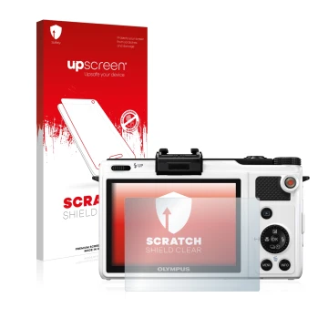 Face avant d’un emballage produit avec le logo de la marque upscreen. À côté, l’appareil Olympus XZ-1 est représenté avec la p