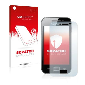 Face avant d’un emballage produit avec le logo de la marque upscreen. À côté, l’appareil Samsung Galaxy Ace S5830 est représen
