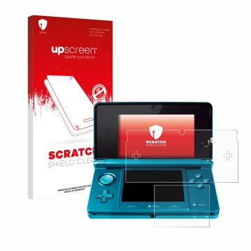 Face avant d’un emballage produit avec le logo de la marque upscreen. À côté, l’appareil Nintendo 3DS est représenté avec la p