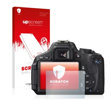 Face avant d’un emballage produit avec le logo de la marque upscreen. À côté, l’appareil Canon EOS 600D est représenté avec la