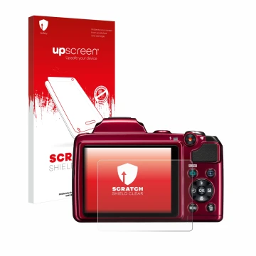 Face avant d’un emballage produit avec le logo de la marque upscreen. À côté, l’appareil Nikon Coolpix L120 est représenté ave