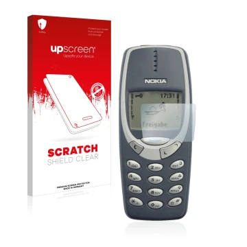 Face avant d’un emballage produit avec le logo de la marque upscreen. À côté, l’appareil Nokia 3310 2011 est représenté avec l