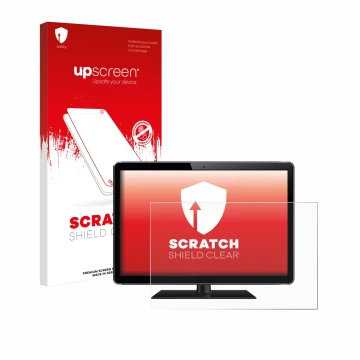 Face avant d’un emballage produit avec le logo de la marque upscreen. À côté, l’appareil est représenté avec la protection d’é