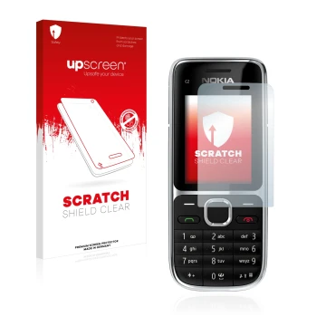 Face avant d’un emballage produit avec le logo de la marque upscreen. À côté, l’appareil Nokia C2-01 est représenté avec la pr