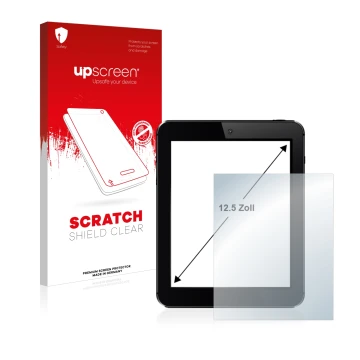 Face avant d’un emballage produit avec le logo de la marque upscreen. À côté, l’appareil est représenté avec la protection d’é